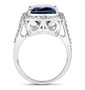 side view of unheated tanzanite and diamond cushion halo ring in solid 14k white gold