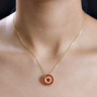 trillion fire opal and round moissanite circle pendant necklace in 18k yellow gold over sterling silver worn around the neck