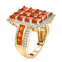 side view of fire opal and moissanite cluster halo ring in 18k yellow gold over sterling silver