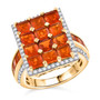 fire opal and moissanite cluster halo ring in 18k yellow gold over sterling silver