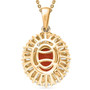 back view of oval fire opal and moissanite halo pendant necklace in rhodium and 18k yellow gold over sterling silver