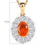 oval fire opal and moissanite halo pendant necklace in rhodium and 18k yellow gold over sterling silver shown for size comparison