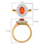 oval fire opal and moissanite halo ring in rhodium and 18k yellow gold over sterling silver shown for size comparison