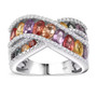 multi color sapphire and white zircon crossover band ring in rhodium over sterling silver