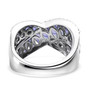 back view of blue sapphire and white zircon crossover band ring in rhodium over sterling silver