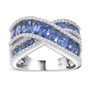 blue sapphire and white zircon crossover band ring in rhodium over sterling silver