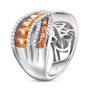 side view of orange sapphire and white zircon crossover band ring in rhodium over sterling silver