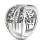 side view of green sapphire and white zircon crossover band ring in rhodium over sterling silver