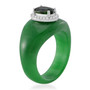 side view of chrome diopside and white zircon halo rhodium over sterling silver carved green jade ring