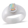 ethiopian opal and white zircon halo rhodium over sterling silver carved white jade ring