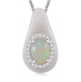 ethiopian opal and white zircon halo rhodium over sterling silver carved white jade pendant necklace