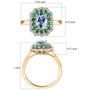 aquamarine colombian emerald and diamond double halo ring in 14k yellow gold shown for size comparison