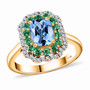 aquamarine colombian emerald and diamond double halo ring in 14k yellow gold