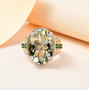 prasiolite and chrome diopside two-tone ring in 18k yellow gold and rhodium over sterling silver shown in a lifestyle photo