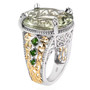 side view of prasiolite and chrome diopside two-tone ring in 18k yellow gold and rhodium over sterling silver