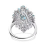 back view of blue zircon blue apatite and white zircon cluster ring in rhodium over sterling silver