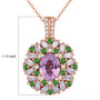 kunzite tsavorite garnet and moissanite pendant necklace in 18k rose gold over sterling silver shown for size comparison