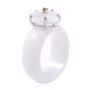 side view of white jade and garnet flower ring in rhodium over sterling silver