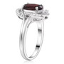 side view of garnet and white zircon split shank ring in rhodium over sterling silver