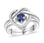blue kyanite and moissanite heart love knot two ring set in rhodium over sterling silver