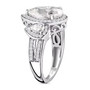 side view of pear moissanite trilogy halo ring in rhodium over sterling silver