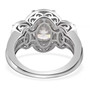 back view of oval moissanite trilogy halo ring in rhodium over sterling silver