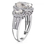side view of oval moissanite trilogy halo ring in rhodium over sterling silver
