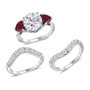 full view of moissanite and ruby three ring set in rhodium over sterling silver