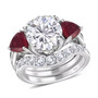 moissanite and ruby three ring set in rhodium over sterling silver