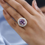 rose de france amethyst rhodolite garnet and moissanite ring in 18k rose gold and rhodium over sterling silver worn on a hand