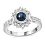 blue star sapphire and white zircon celestial halo ring in rhodium over sterling silver