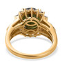 back view of round moldavite moissanite and yellow diamond ring in 18k yellow gold over sterling silver