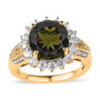 round moldavite moissanite and yellow diamond ring in 18k yellow gold over sterling silver