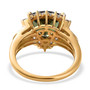 back view of trillion moldavite moissanite and yellow diamond halo ring in 18k yellow gold over sterling silver