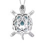 back view of blue apatite and white zircon cluster turtle pendant necklace in rhodium over sterling silver