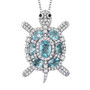 blue apatite and white zircon cluster turtle pendant necklace in rhodium over sterling silver