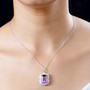 ametrine and white zircon halo pendant necklace in rhodium over sterling silver worn around the neck