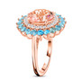 side view of morganite diamond and aquamarine double halo ring in 14k rose gold