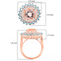 morganite diamond and aquamarine double halo ring in 14k rose gold shown for size comparison