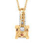back view of princess cut moissanite and orange sapphire pendant necklace in 18k yellow gold over serling silver