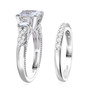 side view of princess cut moissanite and orange sapphire two ring bridal set in rhodium over sterling silver
