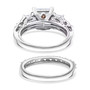 back view of princess cut moissanite and orange sapphire two ring bridal set in rhodium over sterling silver