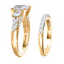 side view of princess cut moissanite and orange sapphire two ring bridal set in 18k yellow gold over sterling silver