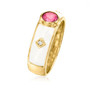 side view of pink topaz diamond and white enamel band ring in 18k yellow gold over sterling silver