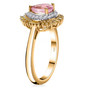 side view of pink spinel yellow and white diamond double halo ring in 18k yellow gold over sterling silver