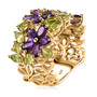 side view of amethyst and peridot flower cluster ring in rhodium over sterling silver