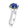 side view of blue spinel chrome diopside and white zircon halo ring in rhodium over sterling silver