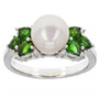front view of white freshwater pearl chrome diopside and zircon ring in rhodium over sterling silver