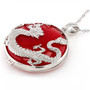 side view of reversable and interchangeable 30mm red purple and green jade dragon and flower pendant necklace set in rhodium over sterling silver