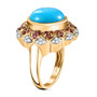 side view of turquoise pink tourmaline and moissanite halo ring in 18k yellow gold over sterling silver